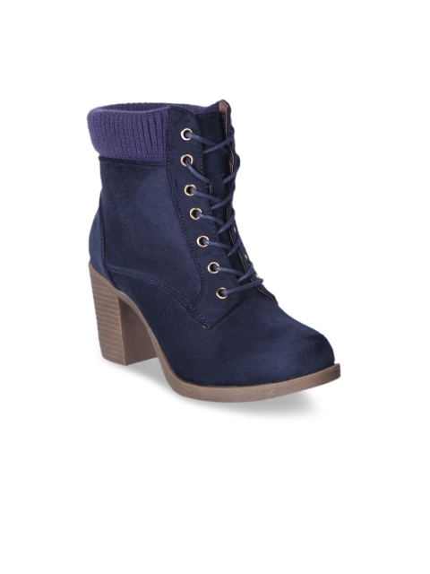 MSC Women Navy Blue Solid Suede Heeled Boots