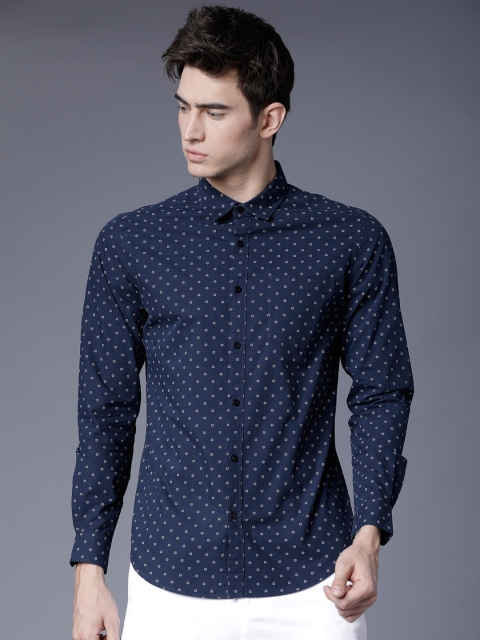 

Black coffee Men Navy Blue Slim Fit Printed Casual Shirt