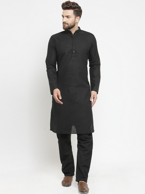 

TREEMODA Men Black Solid Linen Straight Kurta with Pyjamas