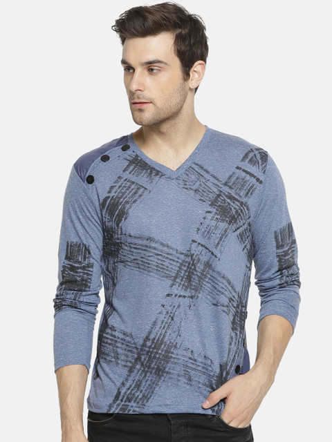 

Campus Sutra Men Blue Printed V-Neck T-shirt