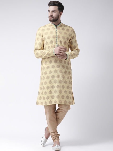 

I Know Men Cream-Coloured Woven Design Jacquard Straight Kurta