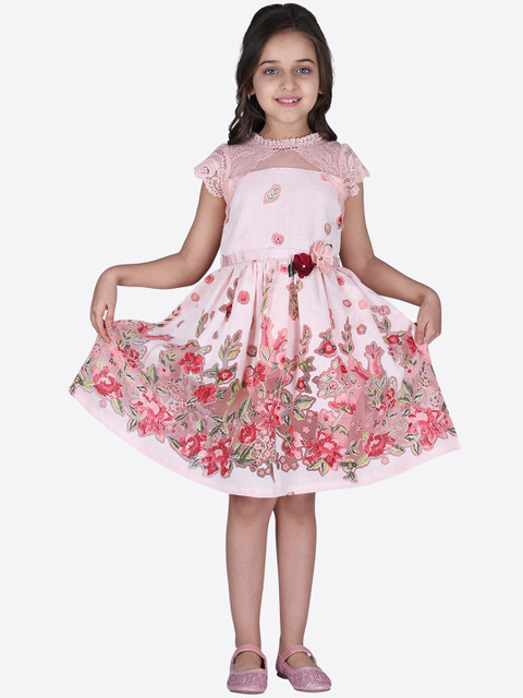 

CUTECUMBER Girls Peach-Coloured Printed Fit and Flare Dress