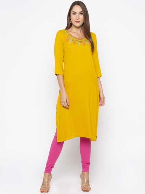 

Globus Women Yellow & Pink Embroidered Straight Kurta