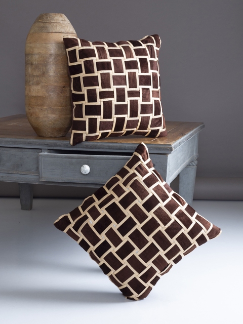 Alina decor Brown Set of 2 Velvet Geometric Square Cushion Covers