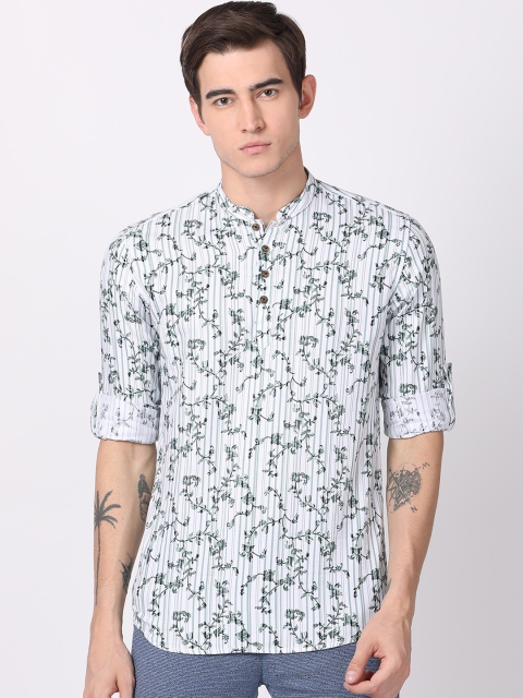 

British Club Men White & Green Printed Straight Kurta