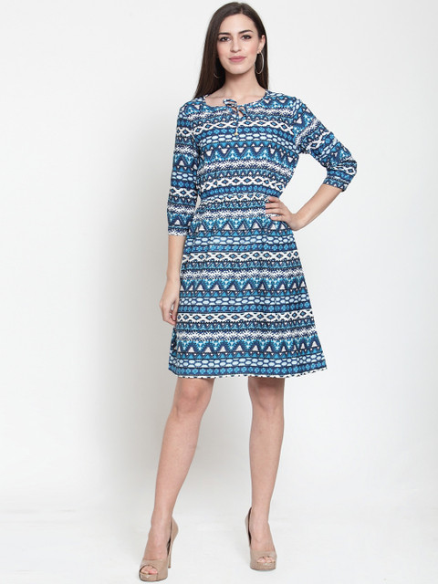 

Purple State Women Blue Printed Fit and Flare Dress