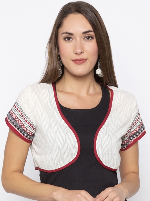 

Globus Off-White & Red Self Design Open Front Shrug
