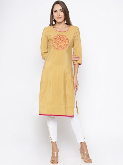 

Globus Women Mustard Yellow Embroidered Straight Kurta