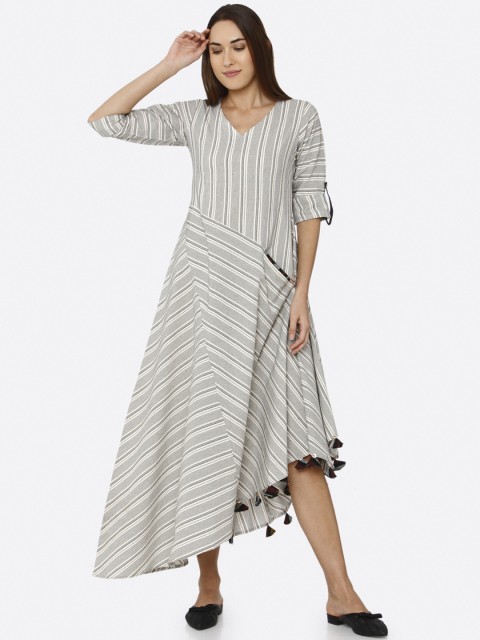 

RAISIN Women Grey & Off-White Striped A-Line Dress