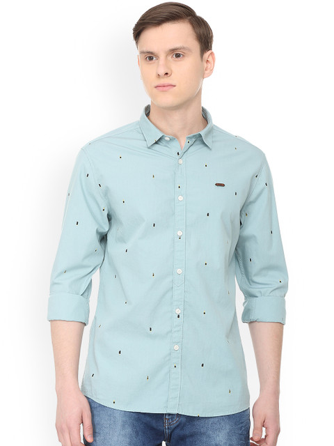

People Men Teal Slim Fit Printed Casual Shirt