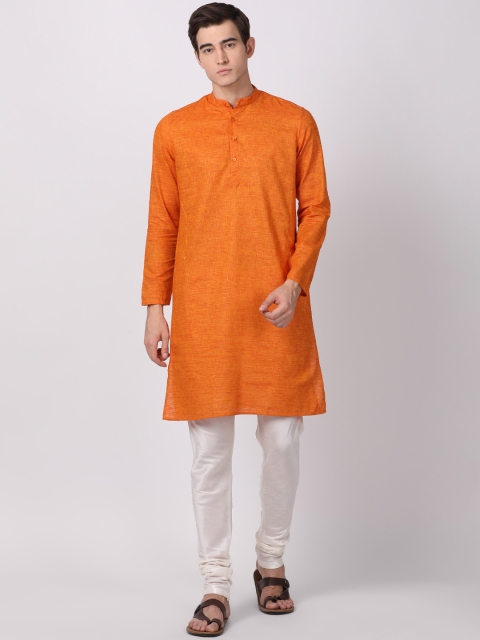British Club Men Orange Solid Straight Kurta