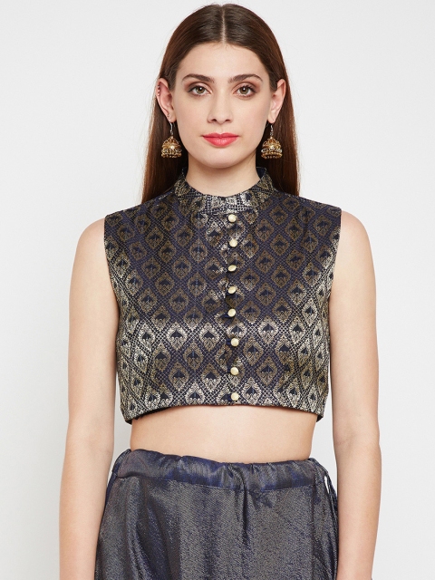 

studio rasa Women Faux Brocade Button Down Crop Top, Navy blue