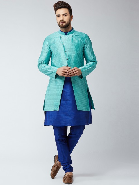 

SOJANYA Men Blue & Green Self Design Kurta with Churidar