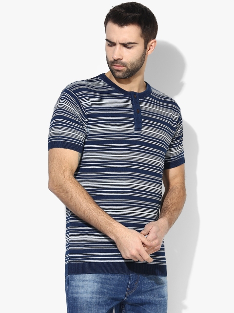 

Navy Blue Striped Regular Fit Henley T-Shirt