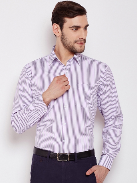 

English Navy Men White & Purple Slim Fit Striped Formal Shirt