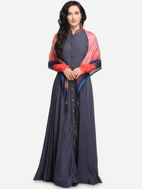 

Stylee LIFESTYLE Navy Blue Satin Semi-Stitched Dress Material