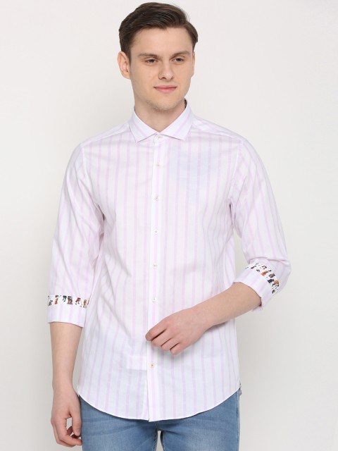 

SIMON CARTER LONDON Men Pink & White Slim Fit Striped Casual Shirt
