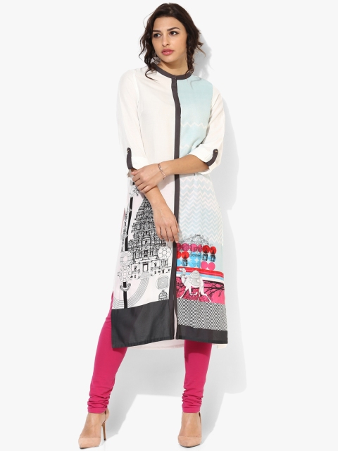 

W Women White & Blue Printed Straight Kurta