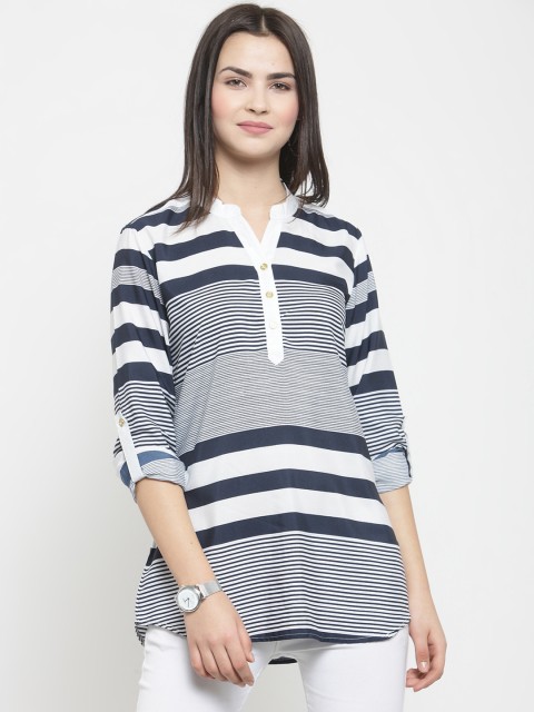 

Purple State Women White & Blue Striped Shirt Style Top