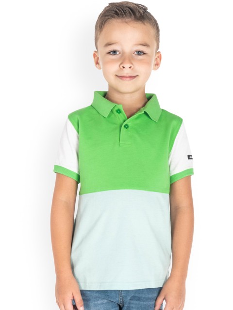 

Cherry Crumble Unisex Kids Green Colourblocked Polo Collar T-shirt