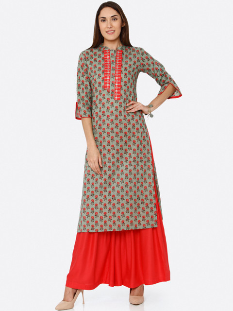 

RAISIN Women Olive Green & Red Printed Kurta with Sharara Pants