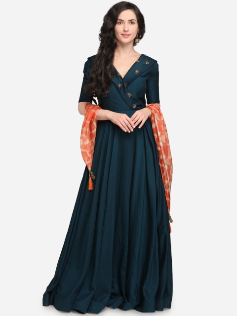 

Stylee LIFESTYLE Navy Blue & Coral Orange Semi-Stitched Dress Material With Dupatta
