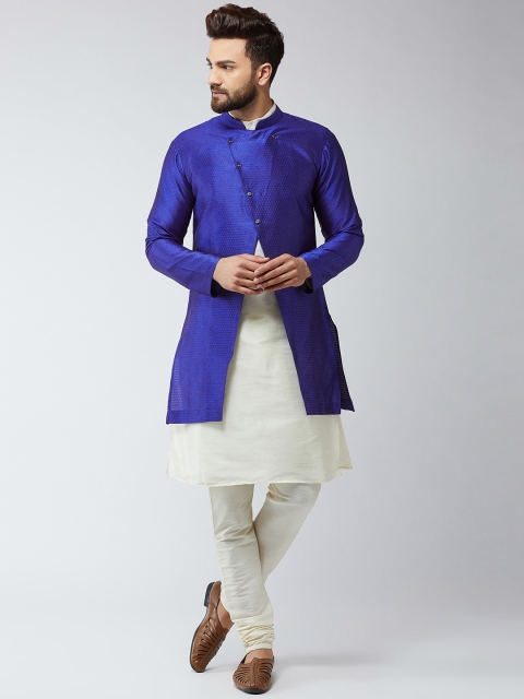 

SOJANYA Men Cream-Coloured & Blue Self Design Kurta with Churidar