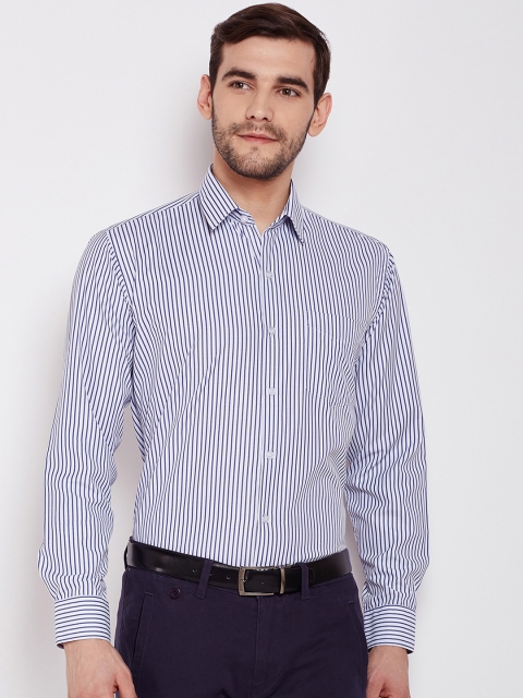 

English Navy Men White & Navy Blue Slim Fit Striped Formal Shirt