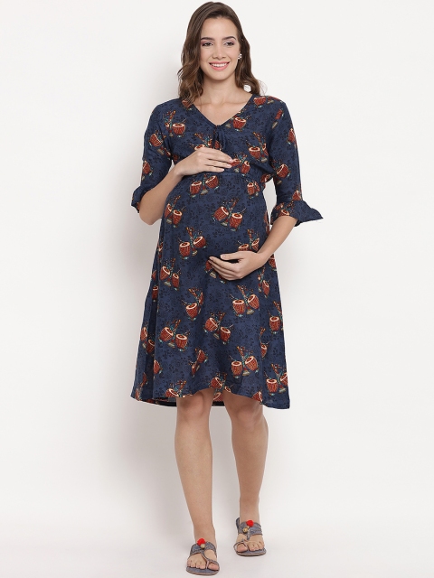 

Mine4Nine Women Blue Printed Fit and Flare Maternity Dress