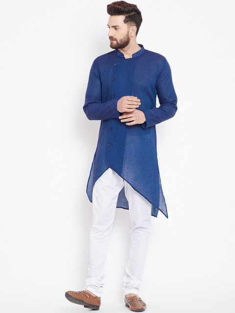 

even Men Blue Embroidered Asymmetric Straight Kurta