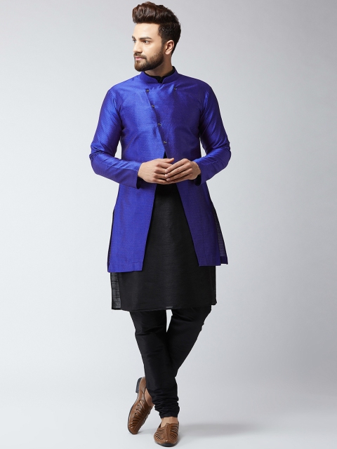 

SOJANYA Men Black & Blue Self Design Kurta with Churidar