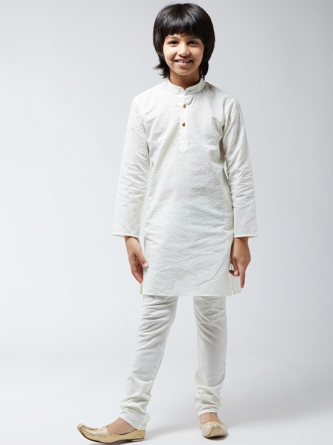 

SOJANYA Boys Cream-Coloured Embroidered Kurta with Churidar
