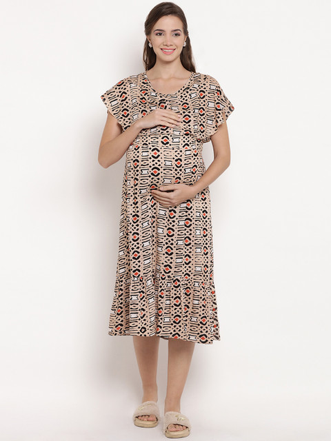 

Mine4Nine Women Beige Printed Fit and Flare Maternity Dress
