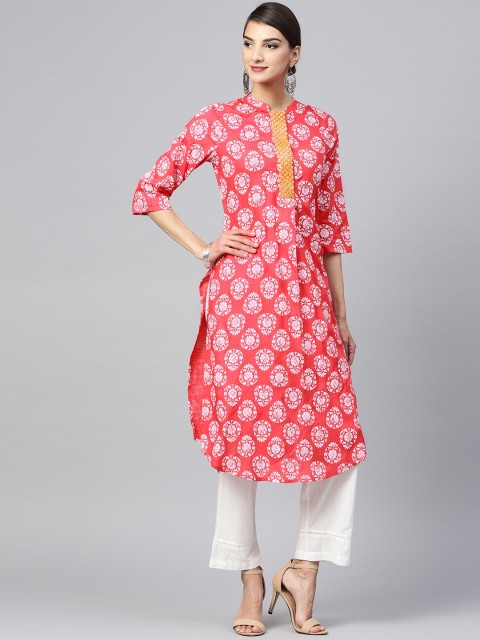 

Juniper Women Coral & White Floral Printed Straight Kurta