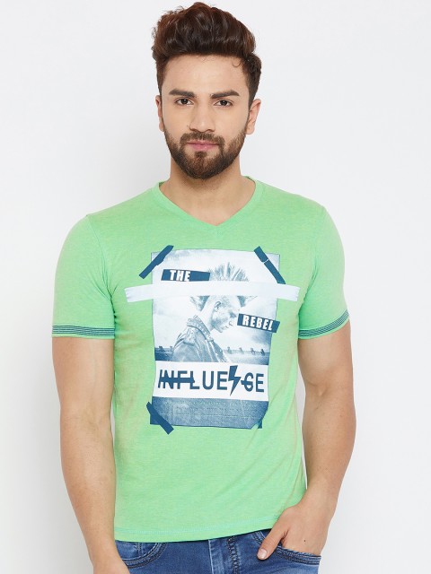 

Duke Men Green Printed V-Neck Slim Fit T-shirt
