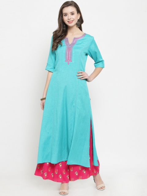 

Varanga Women Turquoise Blue & Pink Embroidered Kurta with Palazzos