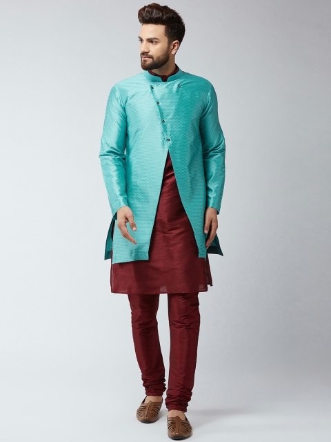 

SOJANYA Men Maroon & Turquoise Blue Self Design Kurta with Churidar