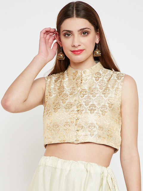 

studio rasa Women Faux Brocade Button Down Crop Top, Off white