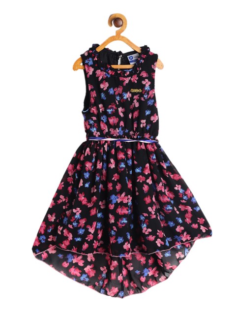

612 league Girls Black Printed Fit and Flare Dress