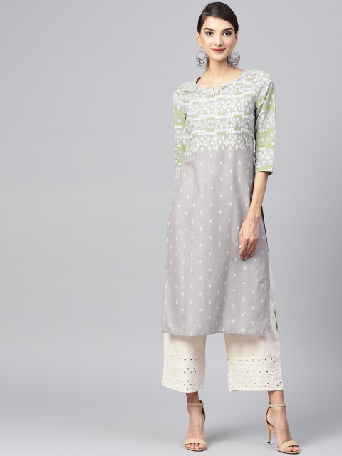 

Juniper Women Grey & Green Printed Straight Kurta
