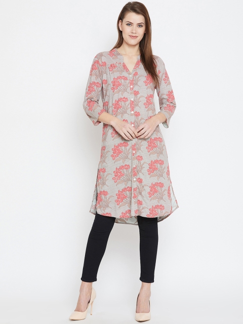 

AASK Women Grey & Pink Printed Straight Kurta