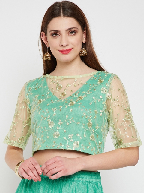 

studio rasa Women Net Floral Embroidered Sheer Neck Crop Top, Green