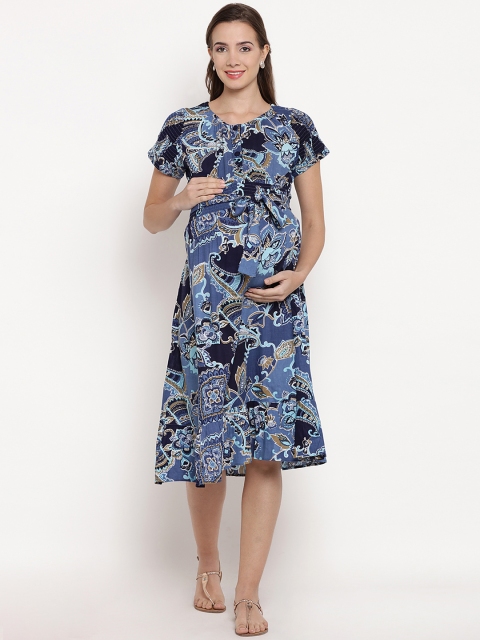 

Mine4Nine Women Navy Blue Printed Fit and Flare Maternity Dress
