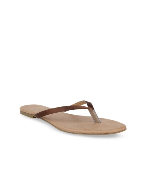 

SOLES Women Brown Solid T-Strap Flats