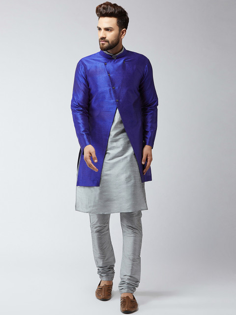 

SOJANYA Men Grey & Blue Self Design Kurta with Churidar