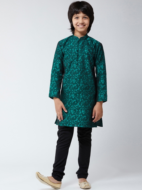 

SOJANYA Boys Teal Green & Black Self Design Kurta with Churidar