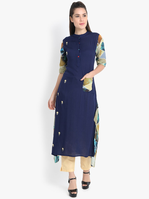

rangeelo rajasthan Women Navy Blue Printed Straight Kurta