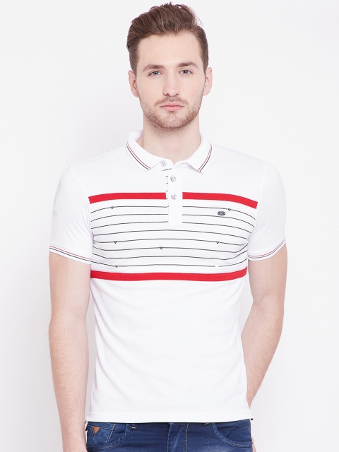 

Duke Men White Striped Polo Collar T-shirt