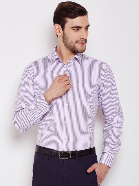 

English Navy Men White & Purple Slim Fit Striped Formal Shirt