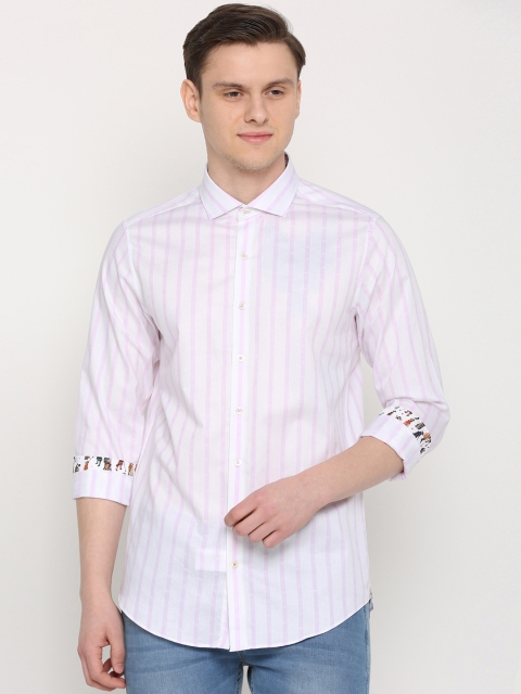 

SIMON CARTER LONDON Men White & Pink Slim Fit Striped Casual Shirt